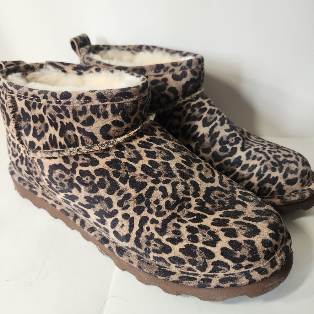 Bearpaw Elle Short Leopard Print Suede Ankle Boots Womens Size 11 Brown Black